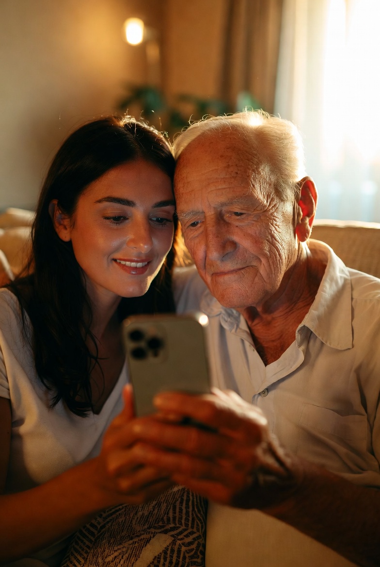 Young woman caring for an elderly man while looking at a phone