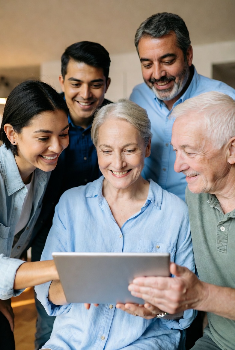 Multi-generational family looking at a tablet together